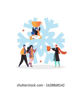 Huge snowflake, happy micro male and female characters drinking hot tea, warming mulled wine, vector illustration. Winter season fun concept for web banner, website page etc.