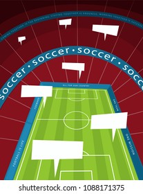 A huge soccer stadium with speech bubbles. View of whole football pitch from top seats in spectator area. Communication during gameplay concept. Cartoon style. Vector illustration