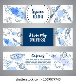 Huge Space slogan horizontal banner Hand Drawn Illustrations. Planets and ships drawings. Sketch of universe Vector design Cosmos brochure