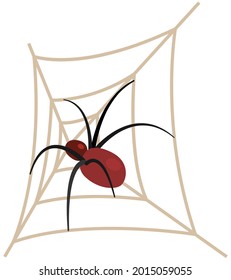 Huge spider sits on spiderweb with top view, vector halloween, scary and haunted elements. Dangerous insect, tarantula in woven web. Arthropod insect, poisonous spider isolated on white background