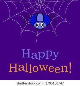 Huge spider sitting on the web. Funny blue spider on a purple background. Cute smiling arachnid. Halloween symbol. Flat vector illustration. Halloween greeting card.