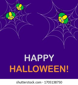 Huge spiders sitting in the center of the web. Funny green spiders on a purple background. Cute smiling arachnids. Halloween symbol. Flat vector illustration. Halloween greeting card.