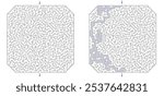 Huge square labyrinth with cropped corners. Maze of high complexity with solution. Black and white hard riddle with high level of difficulty. Nice brainstorm puzzle.

