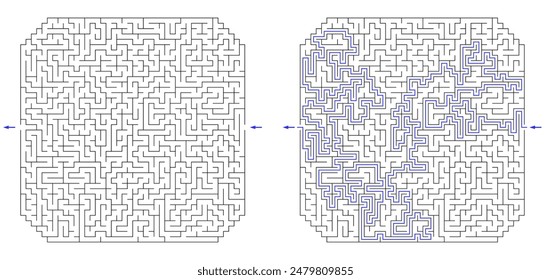 Huge square labyrinth with cropped corners. Maze of high complexity with solution. Black and white hard riddle with high level of difficulty. Nice brainstorm puzzle.
