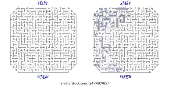 Gran laberinto cuadrado con esquinas recortadas. Laberinto de alta complejidad con solución. Acertijo duro blanco y negro con alto nivel de dificultad. Buen rompecabezas de lluvia de ideas.
