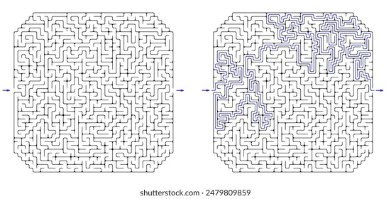 Gran laberinto cuadrado con esquinas recortadas. Laberinto de alta complejidad con solución. Acertijo duro blanco y negro con alto nivel de dificultad. Buen rompecabezas de lluvia de ideas.
