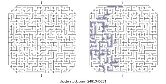 Gran laberinto cuadrado con esquinas recortadas. Laberinto de alta complejidad con solución. Acertijo duro blanco y negro con alto nivel de dificultad. Buen rompecabezas de lluvia de ideas.
