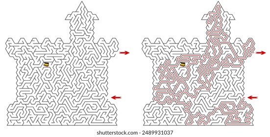 Huge square labyrinth with cropped corners. Maze of high complexity with solution. Black and white hard riddle with high level of difficulty. Nice brainstorm puzzle.
