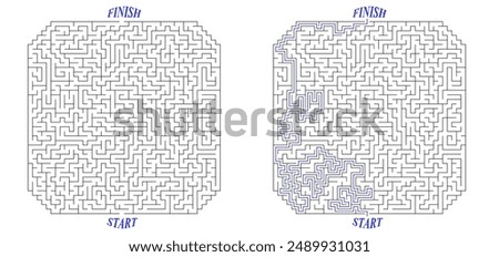Huge square labyrinth with cropped corners. Maze of high complexity with solution. Black and white hard riddle with high level of difficulty. Nice brainstorm puzzle.
