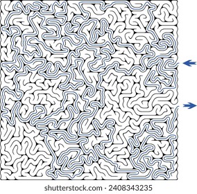 Huge square labyrinth with round brain like cell. Maze of high complexity with solution. Black and white complex riddle with high level of difficulty. Nice brainstorm puzzle.