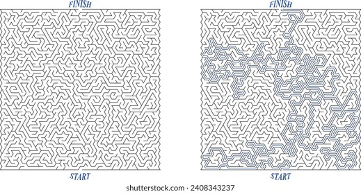 Huge square labyrinth with triangular cell. Maze of high complexity with solution. Black and white complex riddle with very high level of difficulty. Nice brainstorm puzzle.