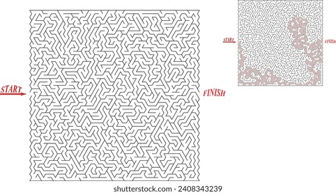 Huge square labyrinth with triangular cell. Maze of high complexity with solution. Black and white complex riddle with very high level of difficulty. Nice brainstorm puzzle.