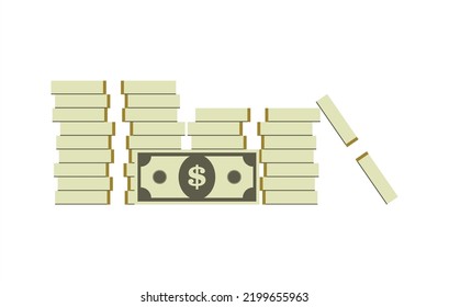 Huge stack of paper money. Bundle of cash bills. Keeping money in bank. Deposit, wealth, accumulation and inheritance. Flat vector cartoon money illustration. Objects isolated on a white background.