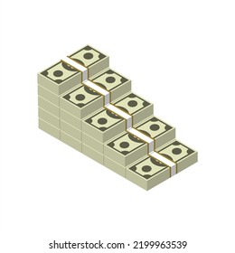 Huge stack of paper money. Bundle of cash bills. Keeping money in bank. Deposit, wealth, accumulation and inheritance. Flat vector cartoon money illustration. Objects isolated on a white background.