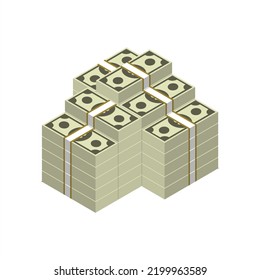Huge stack of paper money. Bundle of cash bills. Keeping money in bank. Deposit, wealth, accumulation and inheritance. Flat vector cartoon money illustration. Objects isolated on a white background.