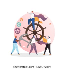 Huge steering wheel and micro male characters sailors sitting on helm, carrying big anchor, vector illustration. Sailing, navigation, maritime, travel by ship concept for web banner, website page etc.