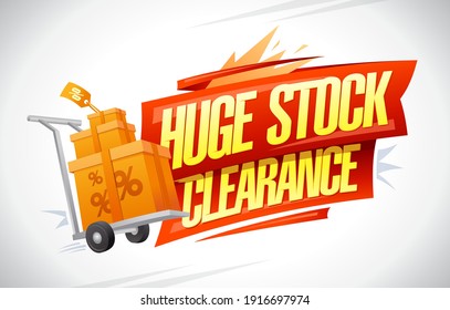 Huge stock clearance banner template mockup with boxes and shopping cart, vector illustration