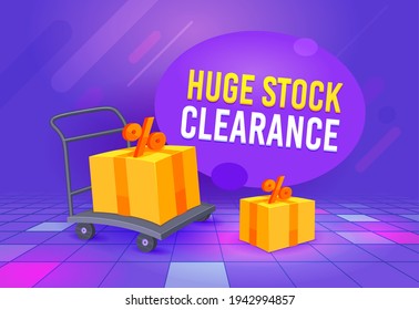 Huge Stock Clearance Special Offer Sale Banner, Digital Social Media Marketing Advertising. Special Shop Offer. Shopping Discount Ad Poster, Promo with Boxes and Manual Trolley. Vector Illustration