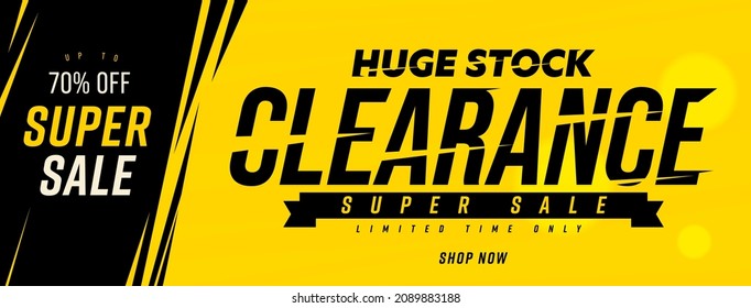 Huge stock clearance website header banner template. Huge stock up to 70 percent off price reduction announcement. Limited in time super sale advertisement vector illustration