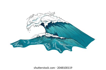 Huge stormy sea or ocean wave in sketch color vintage oriental style vector illustration isolated on white background. Turquoise sea water in swirls with powerful currents, foam, splashes