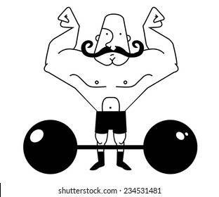 Huge, strong, bald circus athlete with dark twirled mustaches showing of his strength. Contour lines vector illustration isolated on white 