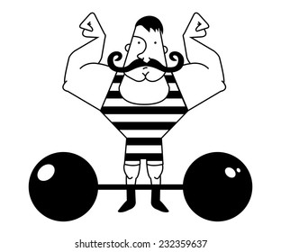 Huge, strong circus athlete with dark twirled mustaches showing of his strength. Black and white illustration isolated on white