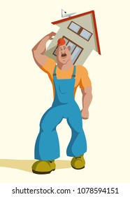 A huge strong mover in a working blue overalls isolated on a white background carries the house on his shoulders, moving