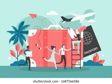 Huge suitcase, passport, micro male and female characters, happy couple traveling by plane, vector flat illustration. Time to travel, flight tours, traveling abroad, flight planning concepts.