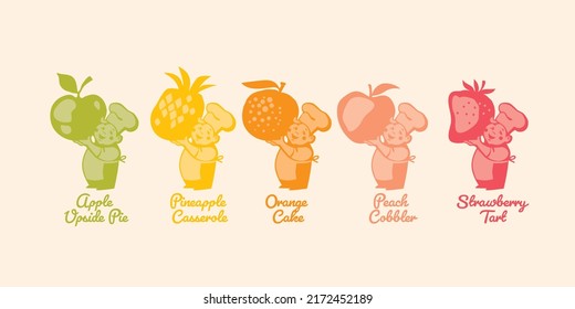 Huge summer berries and fruits in hands of little baker or cook. Vector summer food monochrome illustration for stickers, labels, print, sublimation, web, packing.