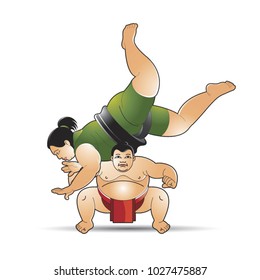 Huge Sumo Wrestler Lifting Female Sumo Vector Cartoon