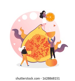 Huge sweet, succulent half fig fruit and micro male and female characters with orange and apple, vector illustration. Autumn seasonal healthy food, harvest festival concept for web banner website page