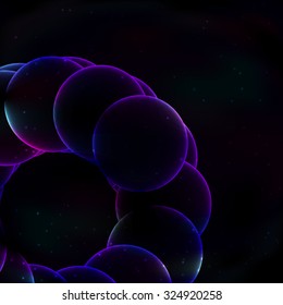 A huge swirling circle, hiding in the bottom left corner of the picture, glowing glass transparent circles on a background of outer space.