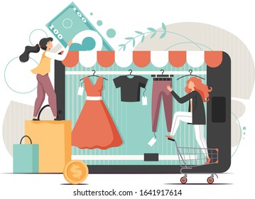 Huge tablet with awning, micro female characters choosing clothes in internet store and paying online, vector flat style design illustration. E-commerce, online shopping concept.