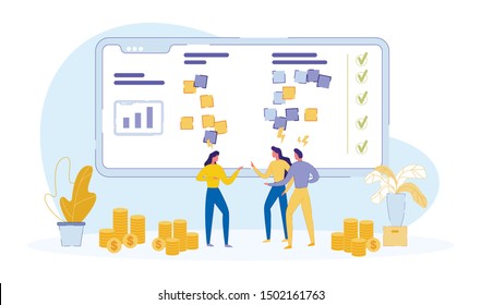 Huge Tablet Computer. Animated Cartoon Characters Discussing Information on Large Touch Screen. Share their Successes of Results. Views on Various Working Moments. Multicolor Page for Site.