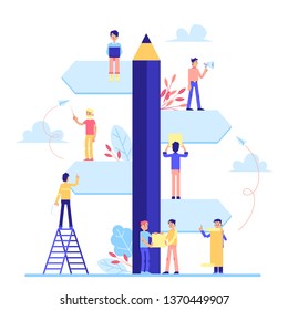 Huge task board with small team workers planning project flat cartoon style, vector illustration isolated on white background. Big scrum board organizer with people in working process