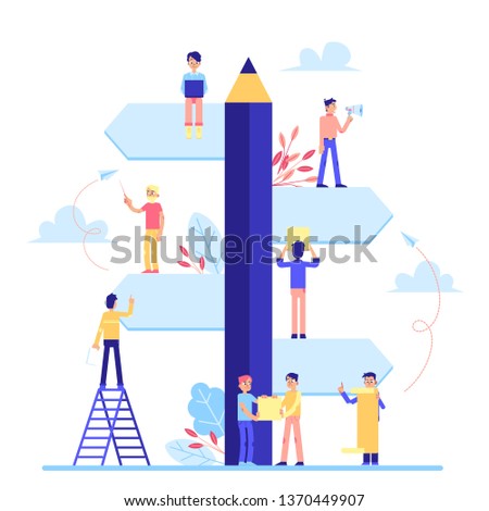 Huge task board with small team workers planning project flat cartoon style, vector illustration isolated on white background. Big scrum board organizer with people in working process