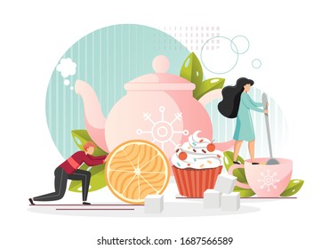 Huge teapot, micro male and female characters preparing tasty hot tea with lemon and cupcake, vector flat style design illustration. Teahouse, cafe, tea party composition.