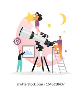 Huge telescope and micro male and female character astronomers or astrologers, vector illustration. Astrology classes, courses concept for web banner, website page etc.