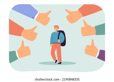 Huge thumbs up around happy student with backpack. Teachers or classmates approving of boy flat vector illustration. Education, success concept for banner, website design or landing web page