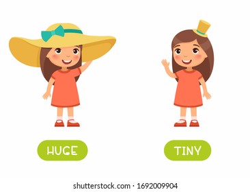 Huge and tiny antonyms flashcard vector template. Word card for english language learning with flat character. Opposites concept. Girl wearing big and small straw hat illustration with typography
