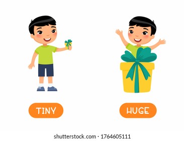 HUGE and TINY antonyms flashcard vector template. Opposites concept. Boy with big gift box and with small gift box illustration with typography. Word card for english language learning 