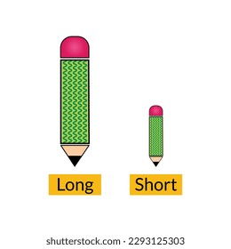 Huge and tiny pencils illustration with typography. Short and long antonyms word card flat vector template. Flashcard for english language learning. Big and small opposites concept.