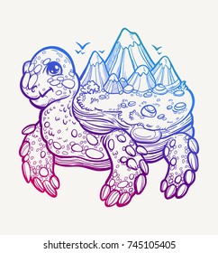 A huge tortoise, on a shell of a mountain. Art for print, posters, t-shirts and textiles. Vector illustration.