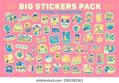 Huge Travel Vector Retro Stickers Pack, Pins, Stamps, Patches. Retro Hand drawn illustration concept. Trendy Cartoon style of 30s. Famous monuments, landmarks and sightseeings. 