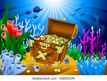 huge treasure chest on the bottom of the sea, vector