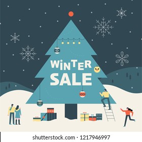 A huge tree advertising poster for the Christmas Sale Festival. flat design style vector graphic illustration.