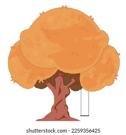 a huge tree with a lush crown, oak, autumn leaf color, a swing on a tree branch