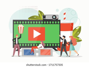 Huge tv set with film strip and video play symbol on screen, characters with popcorn, 3d glasses. Vector flat illustration. Watch tv, movie, cinema and entertainment industry, film festival concept.