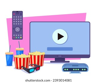 Huge TV set, home theater system, remote control, popcorn, drinks vector illustration. Movie night essentials. Hobby, free time, spending time at home concept