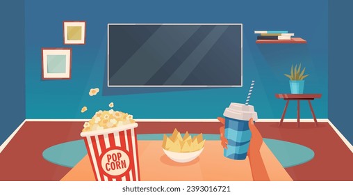 Huge TV set, popcorn, snacks vector illustration. Movie night essentials. Hobby, free time, spending time at home concept